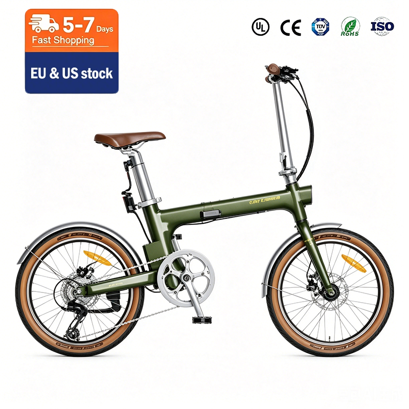 Vintage Brown Folding Electric Bike Retro Style Adult E-Bike Aluminum Alloy Frame 8-Speed Dual Suspension 360WH Lithium Battery green